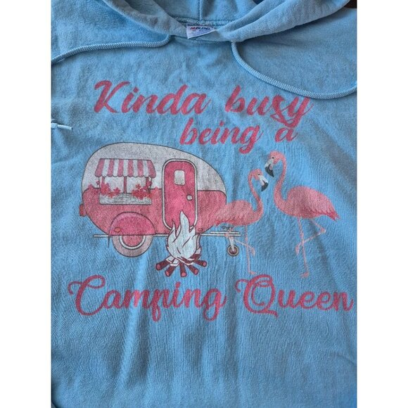 Kinda Busy Being A Camping Queen Hoodie 3XL Blue With Pink Graphics - Picture 2 of 5